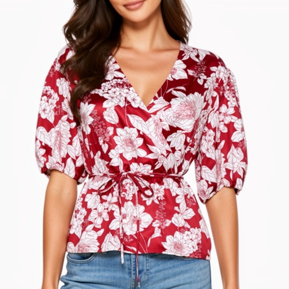 Rebecca Minkoff Mary Floral-Print Top Wrap Blouse Puff sleeves M Vacation